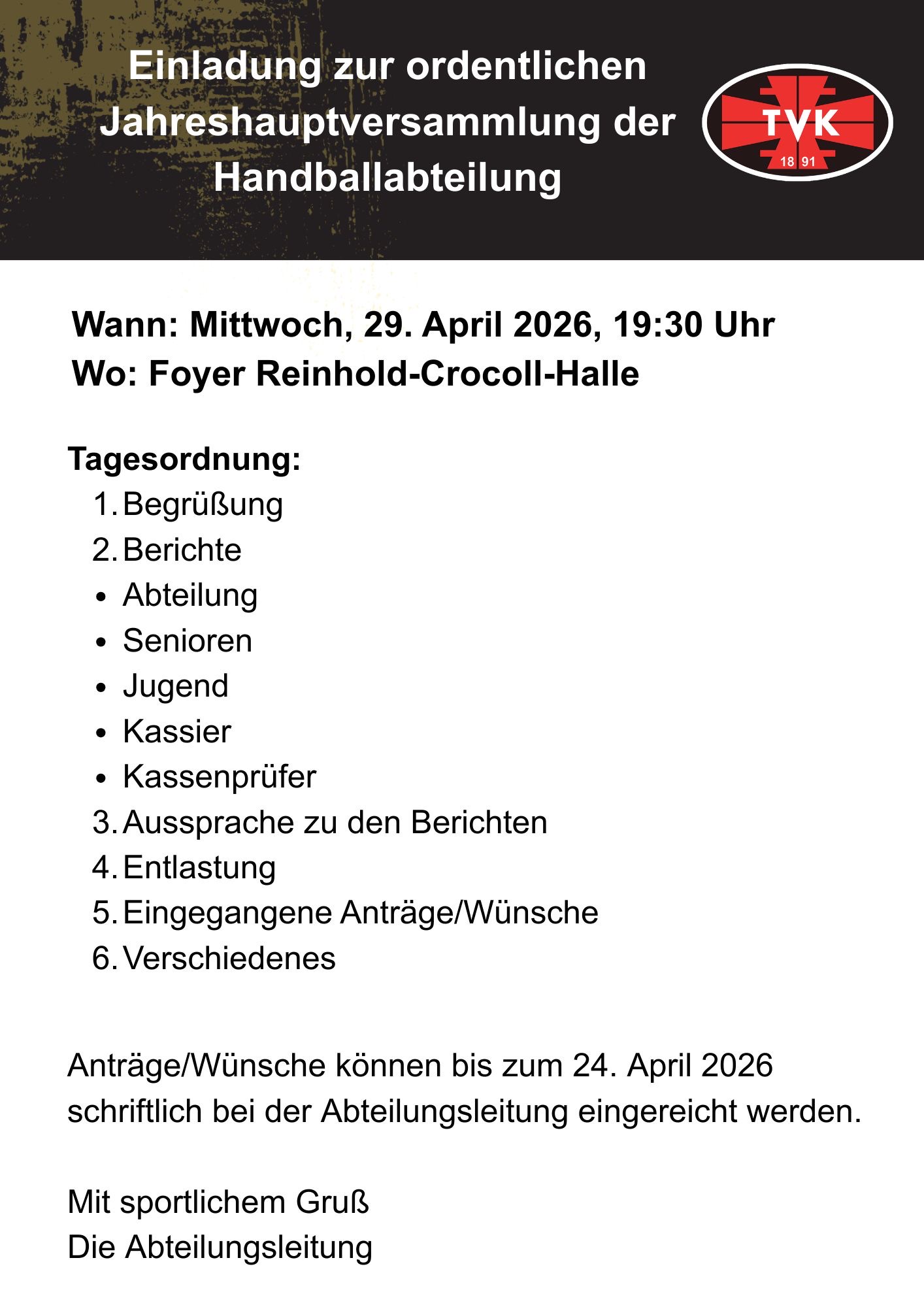 Einladung Jahreshauptversammlung 2026